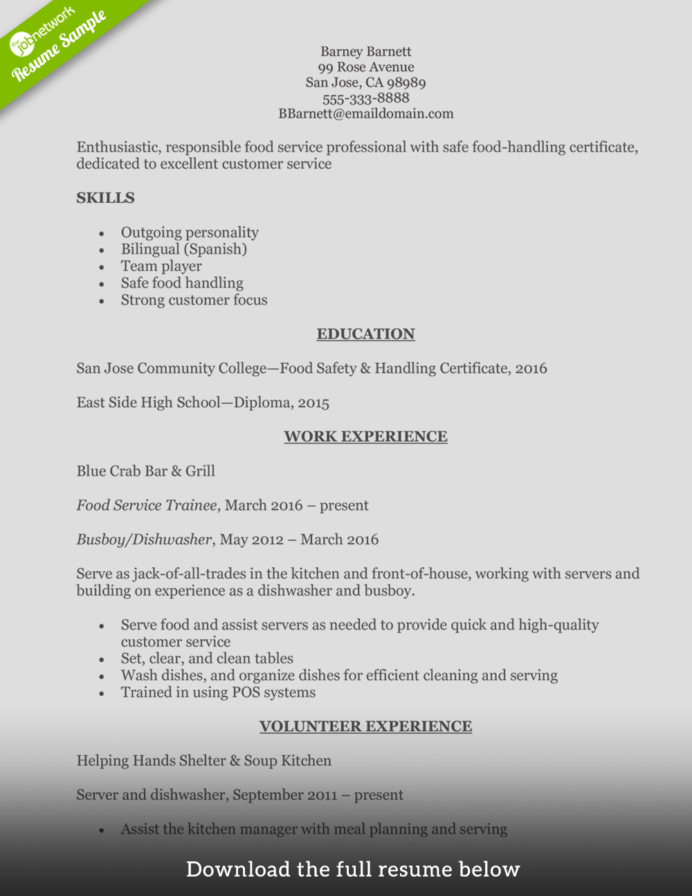 How to Write a Perfect Food Service Resume (Examples Included) |  TheJobNetwork