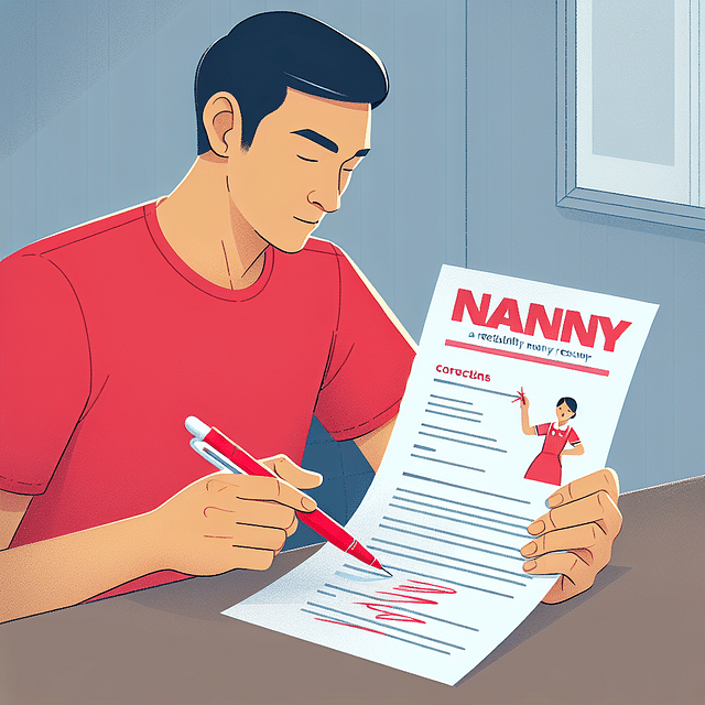 person reviewing a nanny resume with a red pen marking corrections