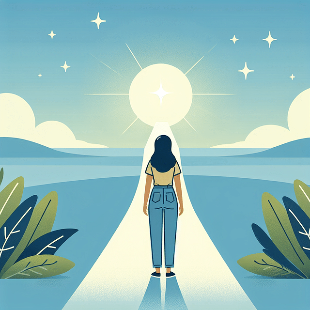 a person standing at the beginning of a pathway leading towards a bright horizon