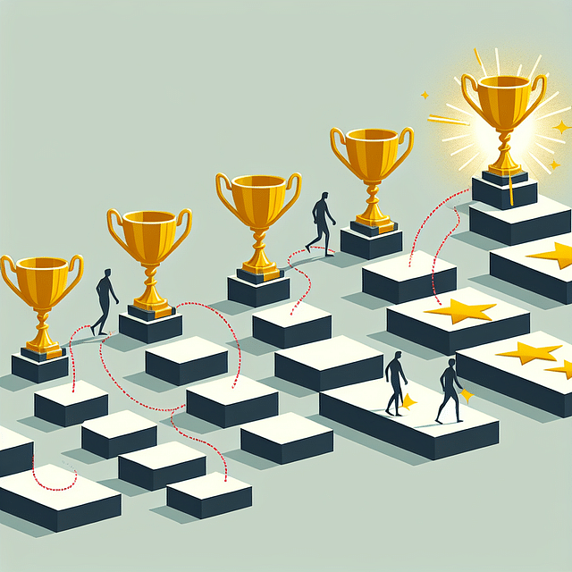 a series of stepping stones with golden trophies on each