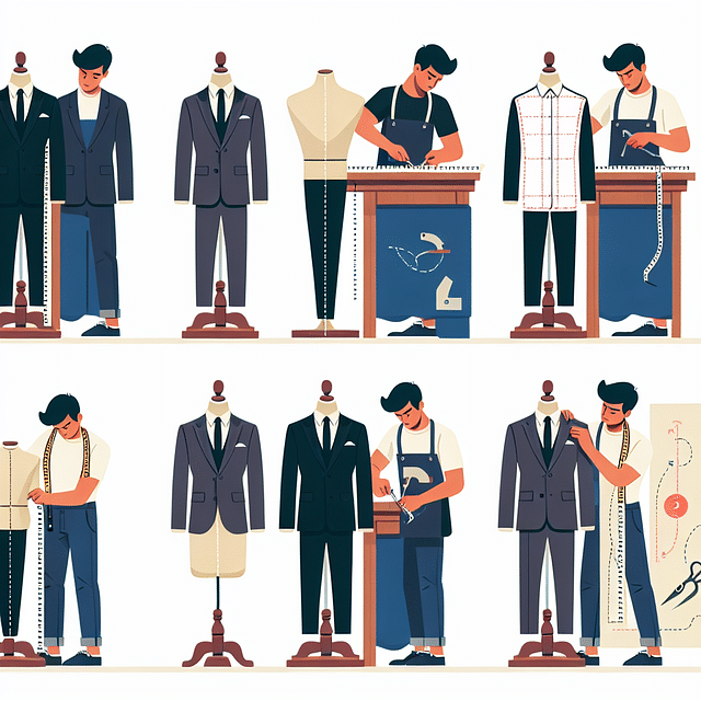 a tailor fitting a suit to match a mannequin