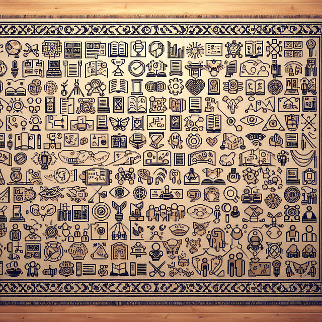 a tapestry with various skill icons woven into the fabric