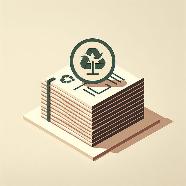 stack of recycled paper with an eco-friendly certification logo