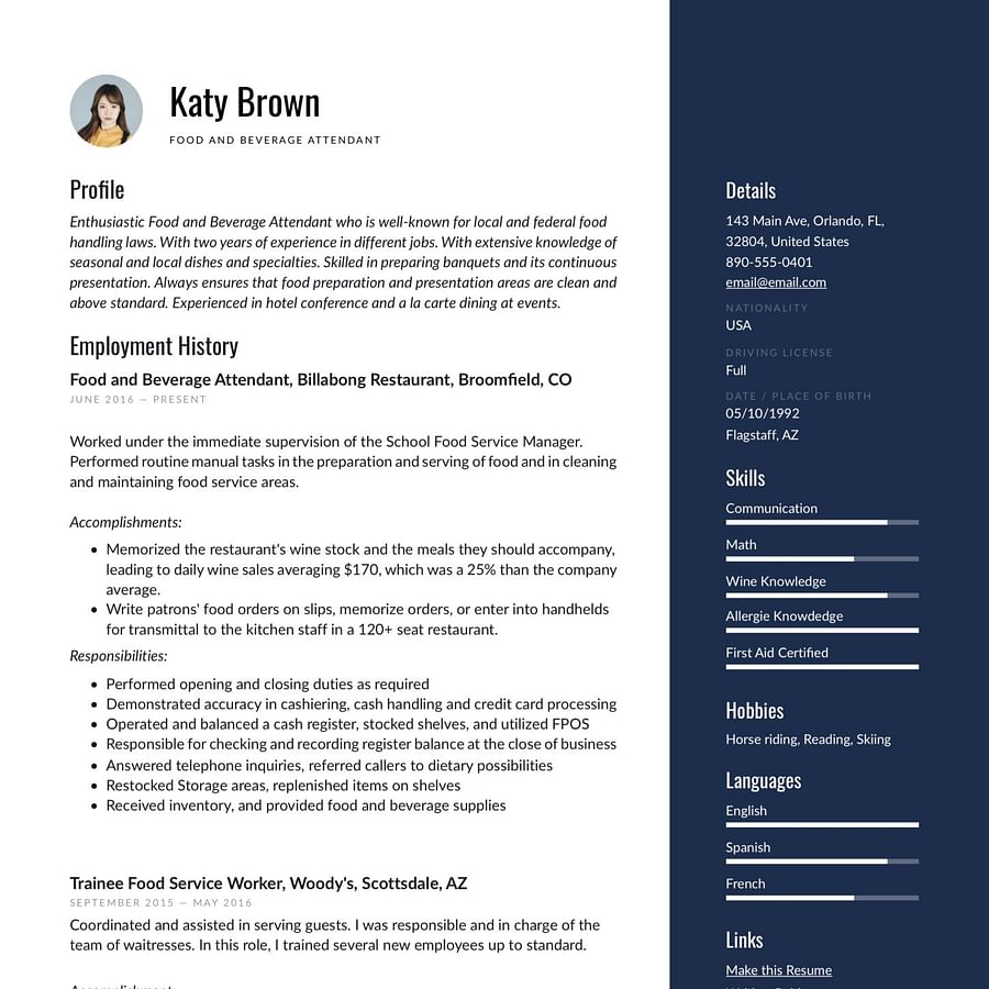 Professional server resume example